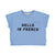 T-shirt | blue w/ "hello in french" print